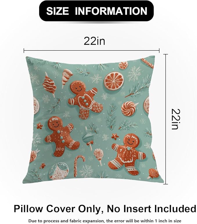 Shrahala Gingerbread Christmas Candy Decorative Throw Pillow Cover, Retro Christmas Candy Pattern Square Pillowcase Blended Double-Sided No Inserts for Bedroom Living Room Set of 2 (22 x 22 in)