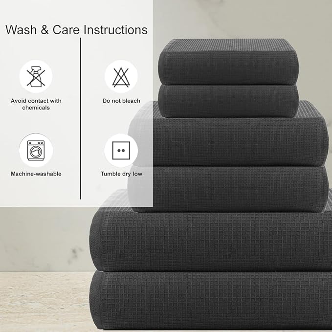 CASA COPENHAGEN Waffle 6Pcs 100% Egyptian Cotton Large Designer Towels Gift Set- Silver Grey, 2Bath 2Hand 2Washcloths, Bath Towels for Bathroom (Box Pack, Set for Women & Men)