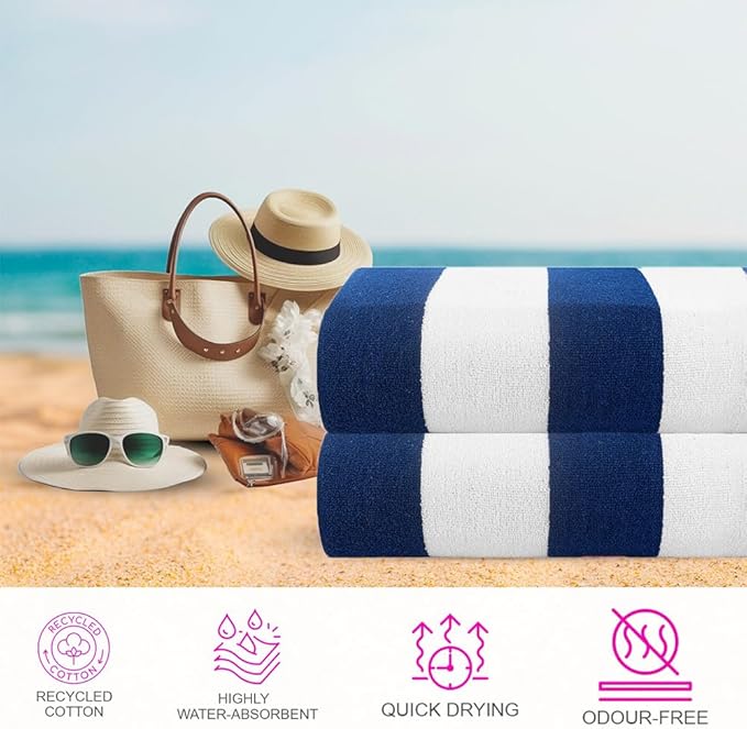 CASA COPENHAGEN Cabana Towels 2Pcs Royal Blue Designer Stripe Beach Bathsheet Towels Gift Set, 35"x70" Oversized 100% Cotton Pool Bath Sheet Gift Set (Perfect Summer Gift Set for Women & Men)