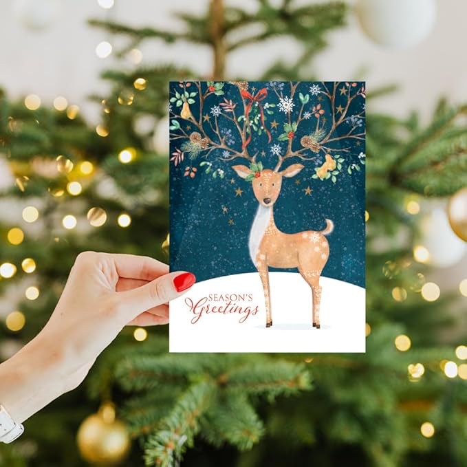Tree-Free Greetings - Season's Greeting Card - Artful Designs - 1 Card + Matching Envelopes - Made in USA - 100% Recycled Paper - 5 x 7 - Spread Cheer Deer (VO80680)