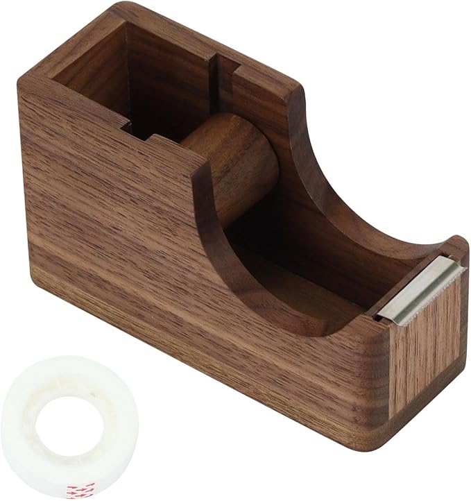 Buqoo Walnut Wood Tape Dispenser with Built-in Pen Holder – All-in-One Desk Organizer for Office/Home School