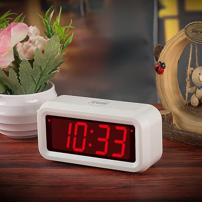 Digital Alarm Clock Battery Operated with LED Display for Bedrooms, Long Battery Life for 12 Months, 3 Brightness Adjustable, 12/24 Hour, Snooze, White Case with Red Digits