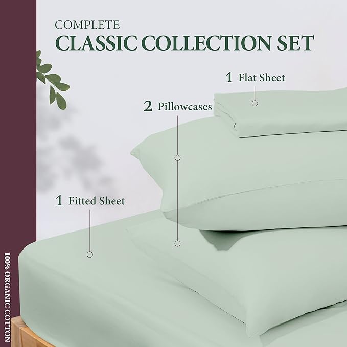 100% Organic Cotton Sheets King Size - Organic Cotton King Size Percale Weave Sheet Set (4 PC, Sea Foam), Soft, Cooling, Crisp & Breathable, 16" Deep Pocket Hotel Quality Bedding Set