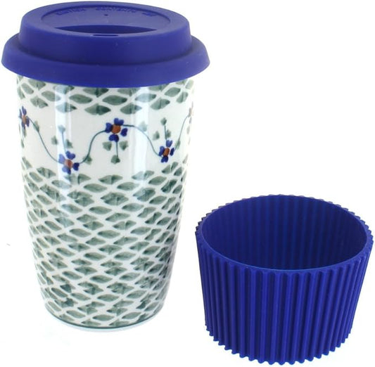 Blue Rose Polish Pottery - Green Sage Floral Travel Coffee Mug - 12 oz - Mug for On-The-Go, Fits Most Car Cup Holders
