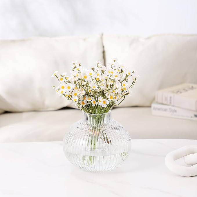 Round Glass Vase, Flower Vases for Bouquet, Ribbed Glass Vases for Flowers, Small Clear Vase for Living Room, Office, Coffee Table, Shelf, Wedding, 6 Inches