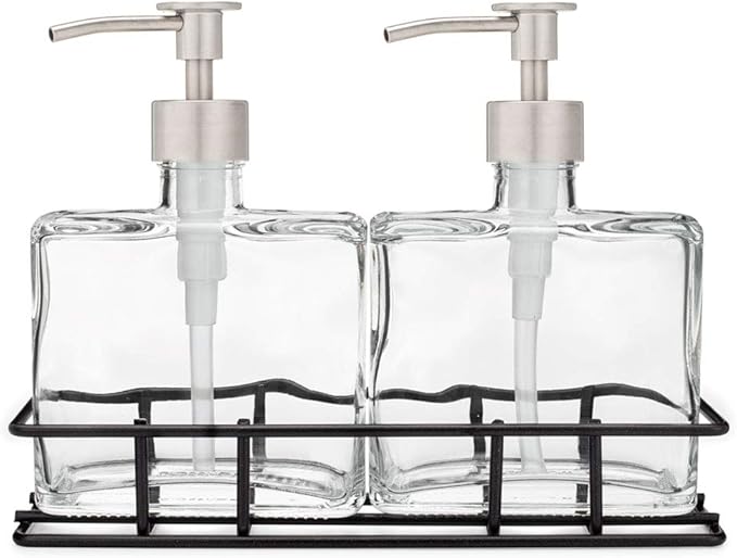 Rail19 Urban Glass Hand and Soap Dispenser Set - Includes Metal Stand Caddy, 8.5oz (Luxe Stainless)