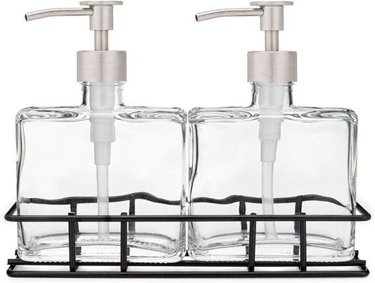 Rail19 Urban Glass Hand and Soap Dispenser Set - Includes Metal Stand Caddy, 8.5oz (Luxe Stainless)