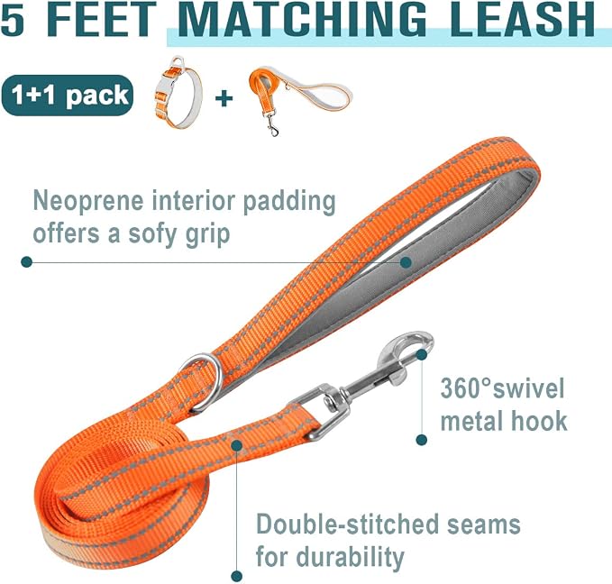 Dog Collar for Medium Small Large Dogs Reflective with Leash,Collar and Leash for Dogs,Soft Neoprene Padded 2 Pack(Orange,L)