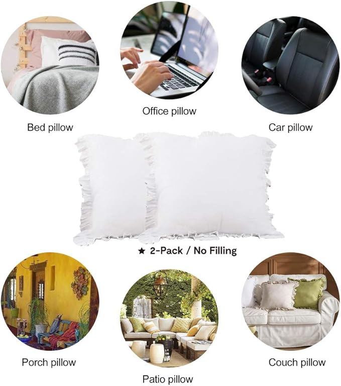 100% French Linen Throw Pillow Covers - Set of 2 - Washed Flax Decorative Ruffled Square Cushion Cover Solid Color Soft Breathable - White, 18'' x 18''
