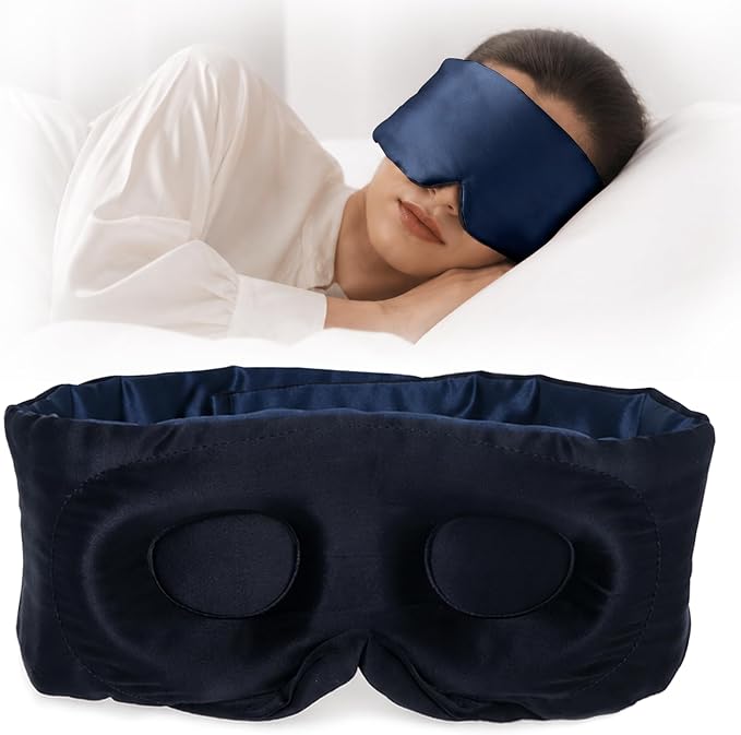 SilkSilky Silk Sleep Mask for Side Sleepers - 22 Momme 100% Mulberry Silk, Wide Face-Hugging 3D Eye Mask for Total Blackout, Zero Pressure & Adjustable Band for Women Men (Dark Blue)