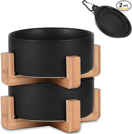Petygooing Ceramic Black Cat Dog Bowl Set with Stand,Pet Food and Water Dish,Medium Pet Bowls Anti-Slip Set of 2 Cat Bowls-Pet Food Dishes- Small Medium Size Dog (28 OZ /3.6 Cups)