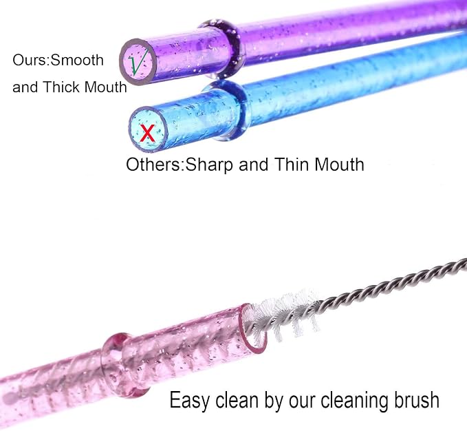 Dakoufish 11 Inch Reusable Tritan Plastic Straws,Replacement Glitter Sparkle Drinking Straws for 24 oz-40 oz Mason Jars/Tumblers,Set of 12 with Cleaning Brush(12color,11inch)