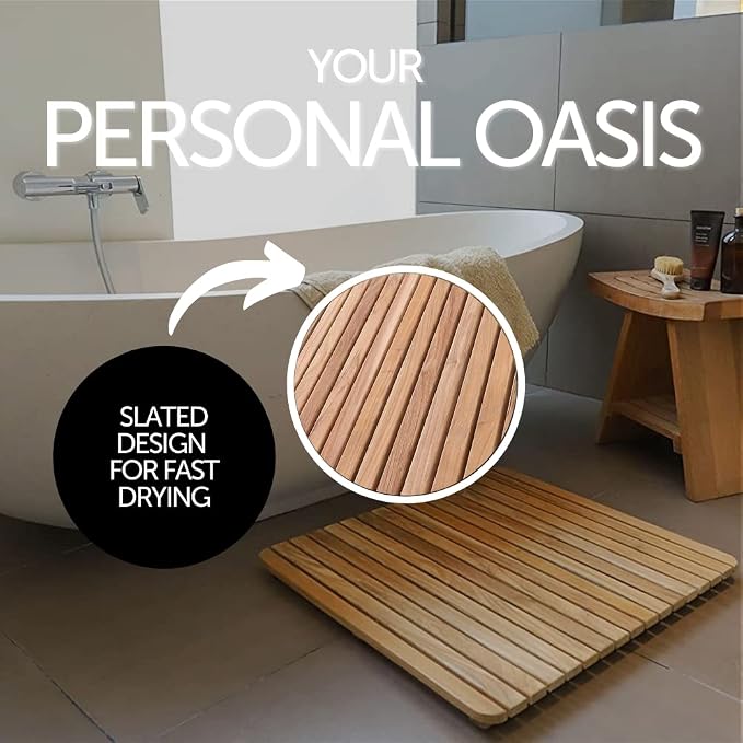 Nordic Style Premium Teak Shower and Bath Mat for Indoor and Outdoor Use - Non-Slip Wooden Platform for Spa, Sauna, Pool, Hot Tub - Flooring Decor and Protector (24" x 24", Natural Finish)