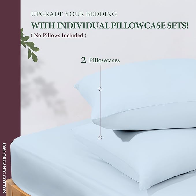100% Organic Cotton Percale Pillow Cases Standard/Queen Size Set of 2 - Percale Pillowcases Standard/Queen, Soft Cooling Pillow Cases for Sleeping, Cotton Pillowcovers - Light Blue