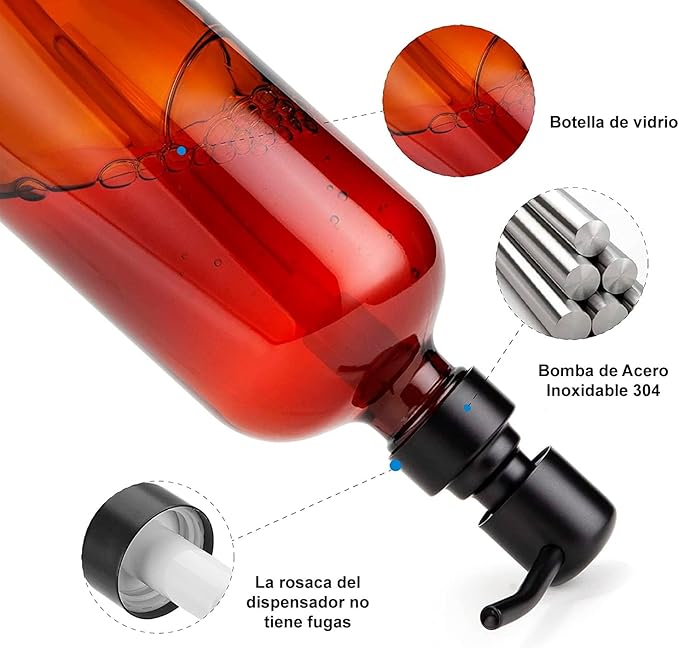Set of 2 Amber Glass Soap Dispensers with Black Stainless Steel Pump, 17 oz Hand Soap Dispenser for Liquid Lotion, Bathroom and Kitchen Soap Dispenser
