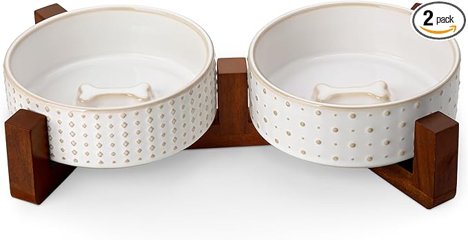 MALACASA Dog Bowl Set with Walnut Wood Stand, 1.5 Cups Ceramic Pet Bowls for Puppy Dogs, Dual Food and Water Bowls with Weighted Non-Slip Base, Basic Bowls for Your Dog or Cat, Rhombic & Polka Dots