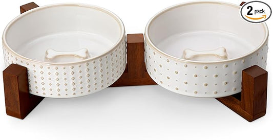 MALACASA Dog Bowl Set with Walnut Wood Stand, 1.5 Cups Ceramic Pet Bowls for Puppy Dogs, Dual Food and Water Bowls with Weighted Non-Slip Base, Basic Bowls for Your Dog or Cat, Rhombic & Polka Dots