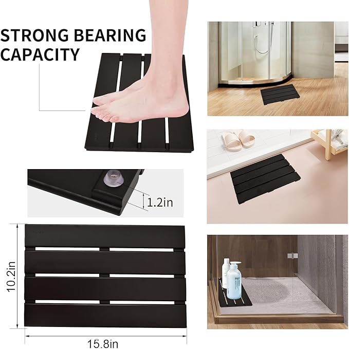 Small Bamboo Bath Mat – Mini Wooden Shower Floor Mat for Compact Bathroom, RV or Tight Spaces, Non-Slip, Quick Dry, Easy to Clean, Indoor Outdoor Use, Black(15.8 x 10.2 Inch)