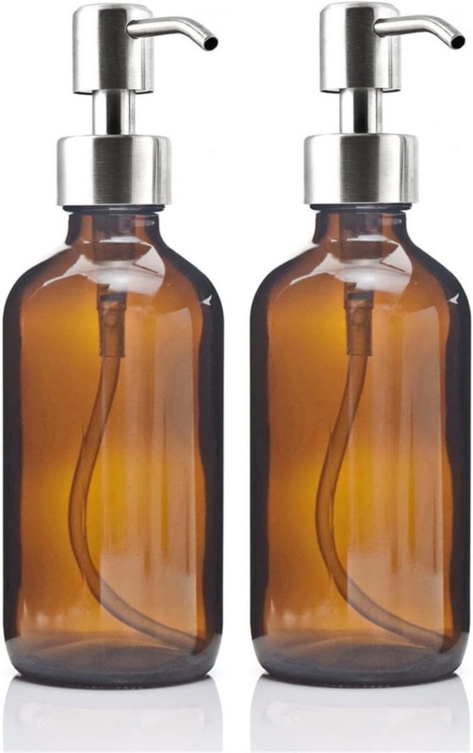 moisture Soap Dispenser Set Soap Dispenser with Stainless Steel Pump, Amber Glass Round Lotion Bottle Can Be Filled with Soap Dispenser (2 Pieces) Home Soap Dispenser (Color : A)