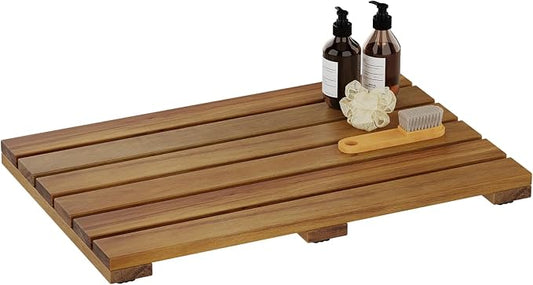 19.7"x13" Solid Acacia Wood Shower Mat, Non Slip Wooden Bath Mat, Indoor Outdoor Entryway Door Mat Multi-Purpose Plant Stand for Shower Bathtub Pool Spa Garden (Small)