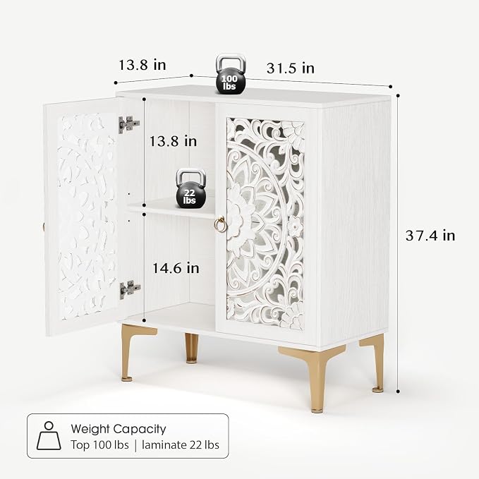 JOINICE 31.5" White Accent Cabinet with Carved Doors & Storage, Set of 2 | Carved Floral Design, Boho, Versatile Storage for Living Room & Bedroom & Hallway & TV Stand, Adjustable Shelf, Easy Assembly