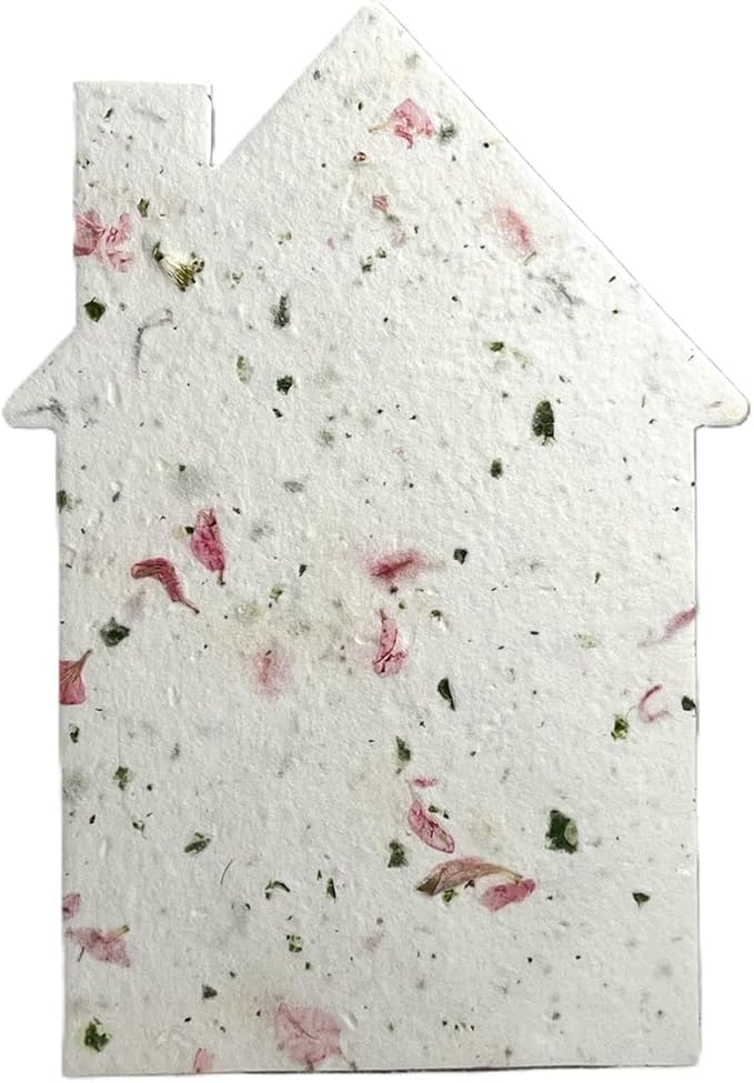 Of The Earth Handmade Paper - Wildflower Seed Paper House Shaped Cards - w/Seeds & Petals - 5" x 7" - Set of 8 - Guides & Envelopes Included (52s Pink & Chard)