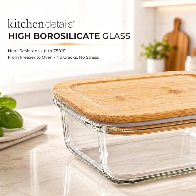 Kitchen Details Glass Food Storage Containers with Bamboo Lids | 2 Pack | 12.5 oz / 370 mL Rectangular Containers | Home | Apartment | Prep | Restaurant | Fresh