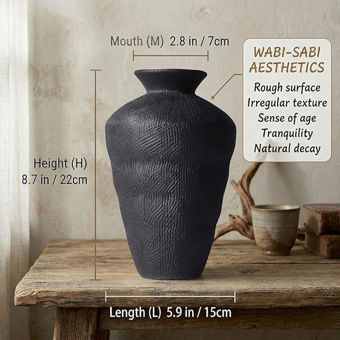 Wabi Sabi Decor Rusty Vintage Vase - 8.7" Tall Rustic Farmhouse Wabi Sabi Vase for Centerpiece, Pottery Stone Flower Vases for Home Decor, Table, Living Room, Bedroom, Bathroom, Kitchen (Black)