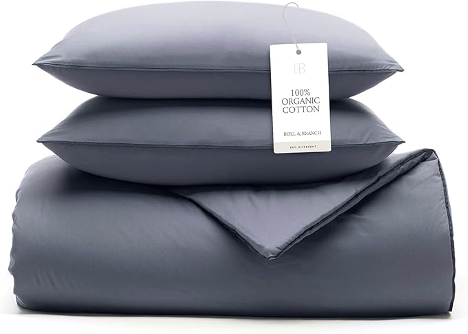 BOLL & BRANCH Signature Comforter Set - Full/Queen, Mineral - Duvet Insert and Cover in One Layer - Luxury Organic Cotton, Down Alternative, Hypoallergenic, All-Season - 1 Comforter and 2 Shams