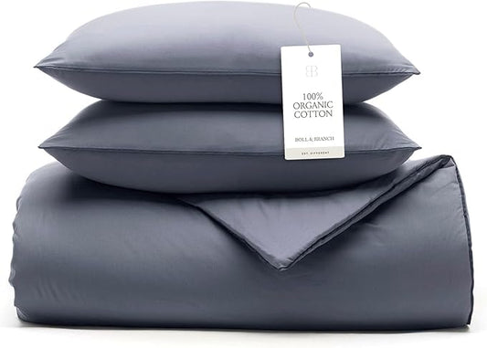 BOLL & BRANCH Signature Comforter Set - Full/Queen, Mineral - Duvet Insert and Cover in One Layer - Luxury Organic Cotton, Down Alternative, Hypoallergenic, All-Season - 1 Comforter and 2 Shams