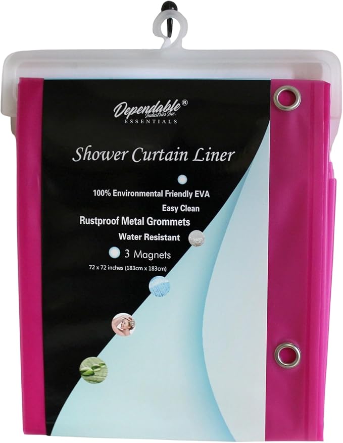 Dependable Industries inc. Essentials EVA Shower Curtain Liner - Water-Resistant, Rustproof Metal Grommets, 3 Magnets Bottom, Easy Clean, 72" x 72" Size (Hot Pink)
