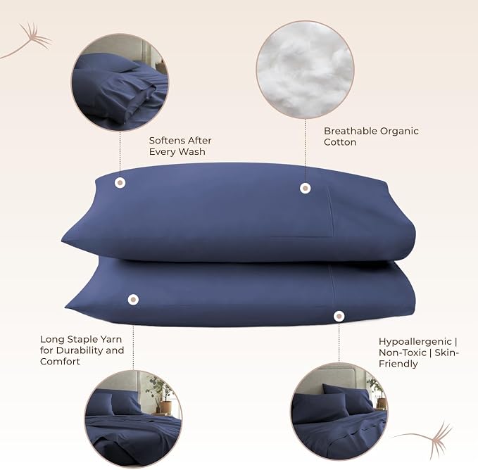100% Organic Cotton Pillow Cases Standard Size Set of 2-100% Cotton Pillowcases GOTS Certified 300 Thread Count - Naturally Cooling Comfortable Breathable & Soft Pillow Cases (Navy, Standard)
