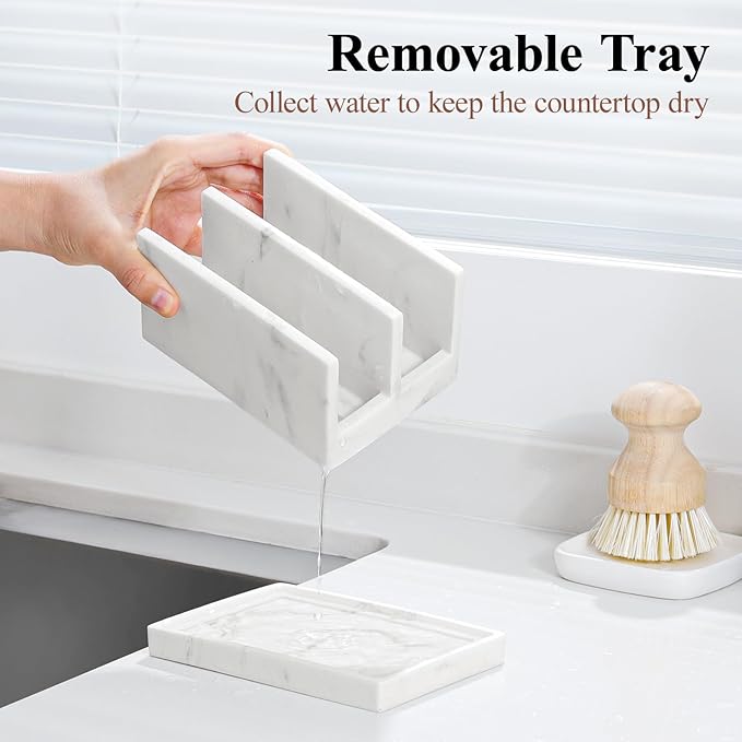 Luxspire Kitchen Sponge Holder, Dish Sponge Holder with with Drain Tray, Marble Sponge Holder for Kitchen Sink, Kitchen Sink Caddy 2 Compartments, Gravel White
