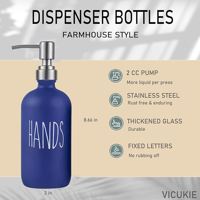 Navy Blue Soap Dispenser Set, Glass Soap Dispenser with Stainless Steel Pump, Farmhouse Hand Soap Dispenser & Dish Soap Dispenser for Bathroom Kitchen Sink (Blue h)