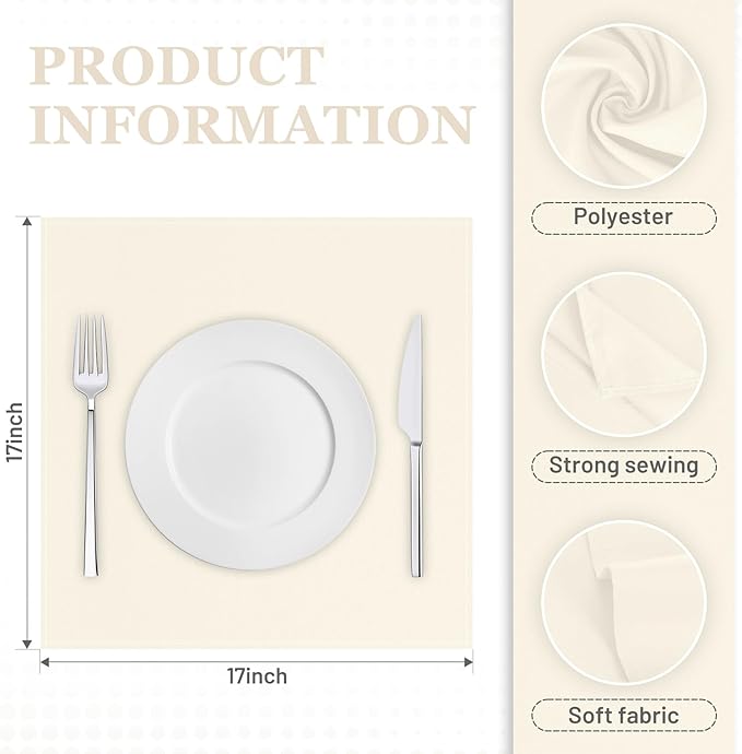 SuperO Set of 80 Cloth Napkins 17 x 17 Inch, Polyester Solid Washable Dinner Napkins with Hemmed Edges,Great for Restaurant, Wedding and Party(Ivory)