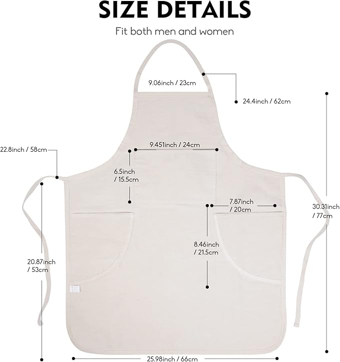 conda 100% Cotton Canvas Professional Bib Apron With 3 Pockets for Women Men Adults,Waterproof,Natural 31inch By 27inch