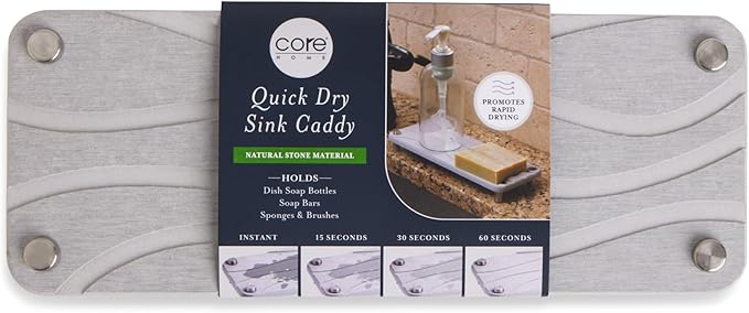 Core Home Kitchen Accessory Natural Diatomite Stone Multi-Purpose Quick Dry Caddy Holder Organizer for Sponges, Scrub Brushes, Soap, Utensils, Hail Grey