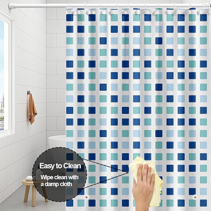 Plastic Shower Liner - Premium PEVA 4G Shower Curtain Liner with Rustproof Grommets and 3 Weighted Magnets, Waterproof Shower Curtains for Bathroom (Blue-Green Square)