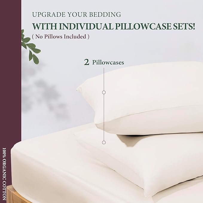 100% Organic Cotton Percale Pillow Cases Standard/Queen Size Set of 2 - Percale Pillowcases Standard/Queen (Ivory), Soft Cooling Pillow Cases for Sleeping, Cotton Pillowcovers