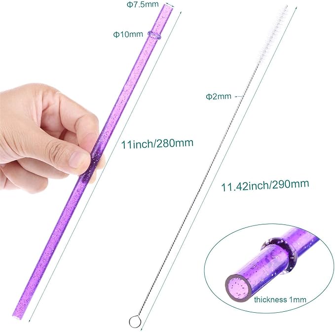 Dakoufish BPA-Free 12 Piece 11 Inch Reusable Clear Plastic Glitter Sparkle Drinking Straw Plus one Cleaning Brush (Rose,11inch)