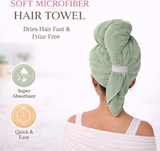 Luxury Microfiber Hair Towel Wrap for Women - Quick Dry, Super Absorbent Hair Turban, Soft & Lightweight Anti-Frizz Towel for Long, Thick & Curly Hair (Sage Green, 48" × 24")