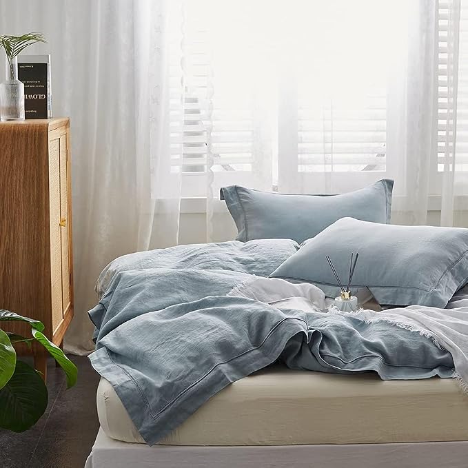 Simple&Opulence 100% Washed Linen Duvet Cover Set with Embroidered,3 Pieces Soft Farmhouse Comforter Set with Button Closure,1 Duvet Cover and 2 Pillowshams(King,Dusty Blue)