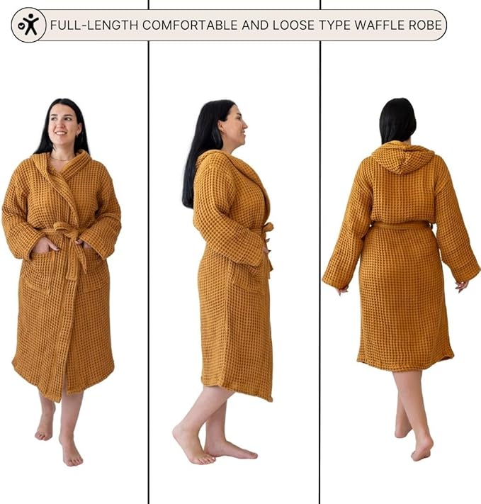 Unisex Hooded Waffle Robe for Women & Men 100% Turkish Cotton | Quick-Dry Bathrobe | Cozy Housecoat for Lounging