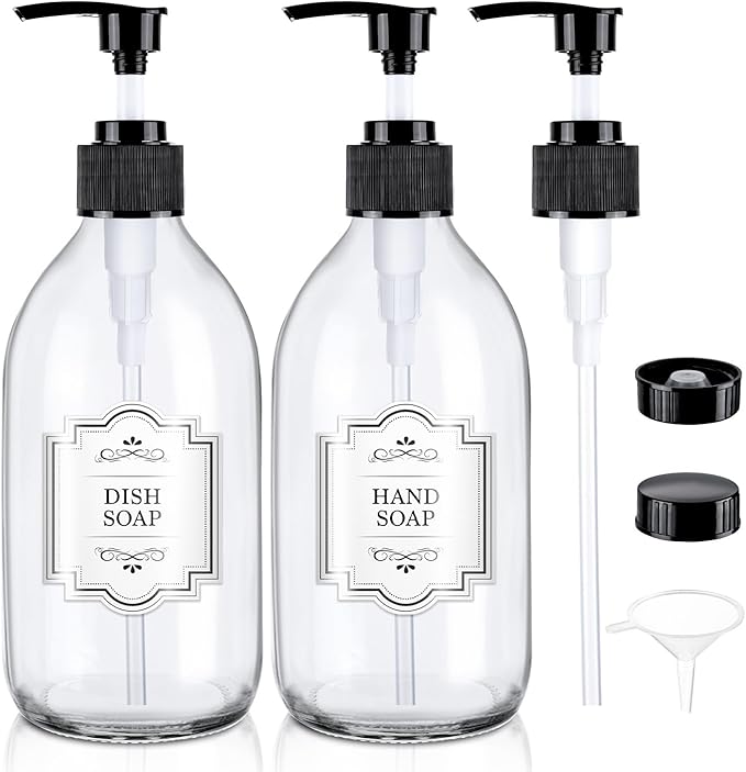 16 oz Clear Glass Soap Dispenser with Pump, Glass Pump Bottle for Lotion Body Oil, 500ml Hand and Dish Soap Dispensers Set with Storage Caps, Labels - 2 Pack