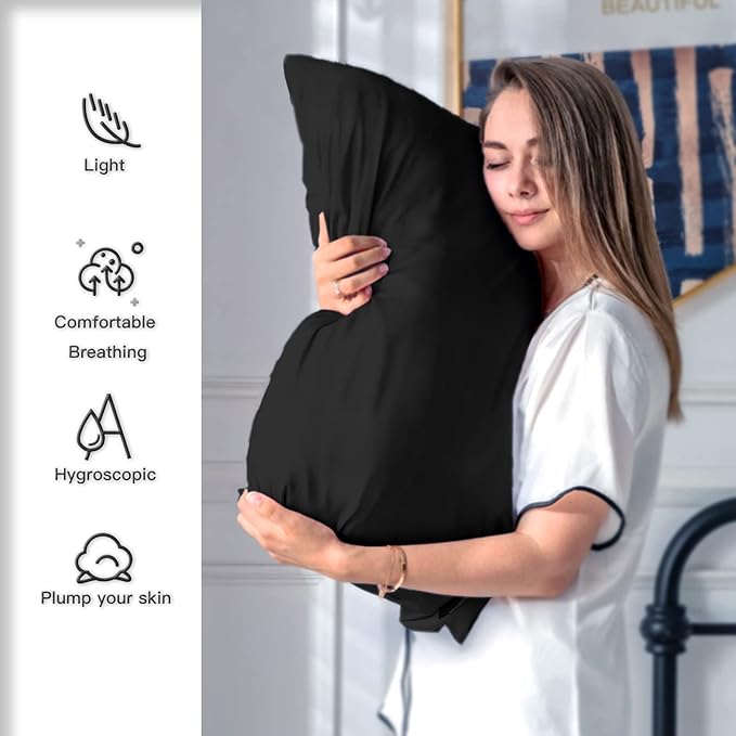 Mulberry Silk Pillowcase for Hair and Skin Standard Size 20"X 26" Pillow Case with Hidden Zipper Soft Breathable Smooth Cooling Silk Pillow Covers for Sleeping (Black,Standard,1Pcs)