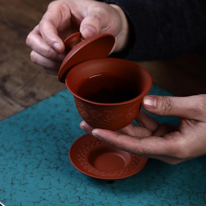 Yixing Clay Zisha Gaiwan 5 Oz/150ml,Chinese Kungfu Tea Bowl Cup,Blooming and Loose Leaf Tea Cup Set -Red Clay