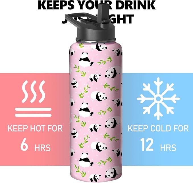 40oz Pink Panda Water Bottle with Handle and Flip Straw, Sports Stainless Steel Insulated Cup Travel Coffee Mug Tumbler, Birthday Mothers Day Chritmas Gifts for Women