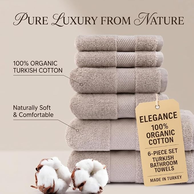 Maisonette Elegance 100% Organic Cotton Turkish Bathroom Towels Set, Ideal Quick Dry Luxury Washcloths, Hand & Large Luxury Bath Towels for Shower (6 Pack), Light Brown (Dune)