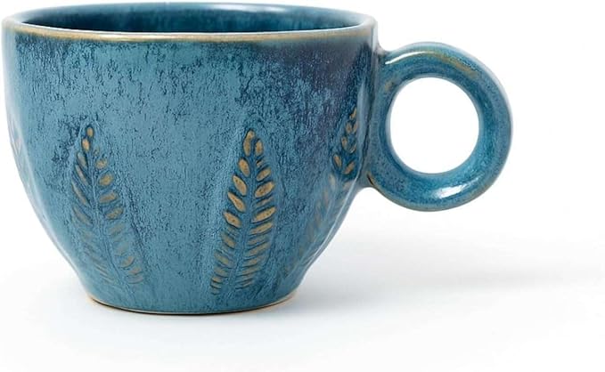 Ceramic Espresso Cup 5 oz, Stoneware Demitasse Coffee Mug with Handle, Artisan Reactive Glaze Texture, Small Latte Cappuccino Tea Cup, Microwave & Dishwasher Safe, Turquoise, Pack of 2