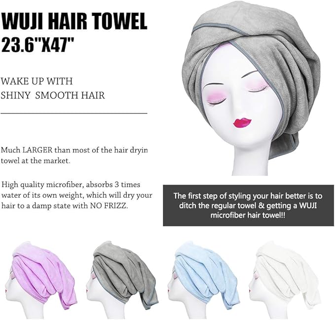 Microfiber Towel for Curly Hair Large Anti Frizz Super Absorbent Hair Towel 23.6''x47'' Fast Hair Drying Towel Hair Wrap for Bath Spa Facial Makeup, Gray